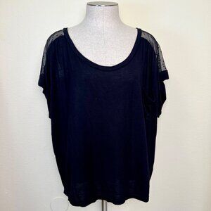 SOPRANO Black Sheer Polka Dot Mesh Panel Short Sleeve Top Size Large